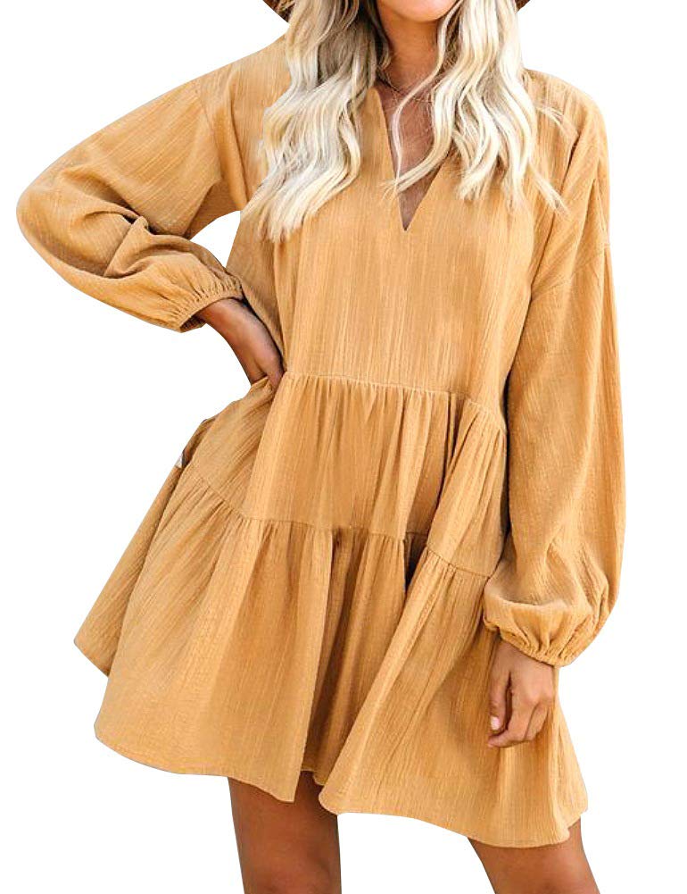 FANCYINN Womens Cute Shift Tunic Dress Babydoll Long Lantern Sleeves V Neck Beach Ruffle Mini Dresses & Pockets Mustard S - Image 1